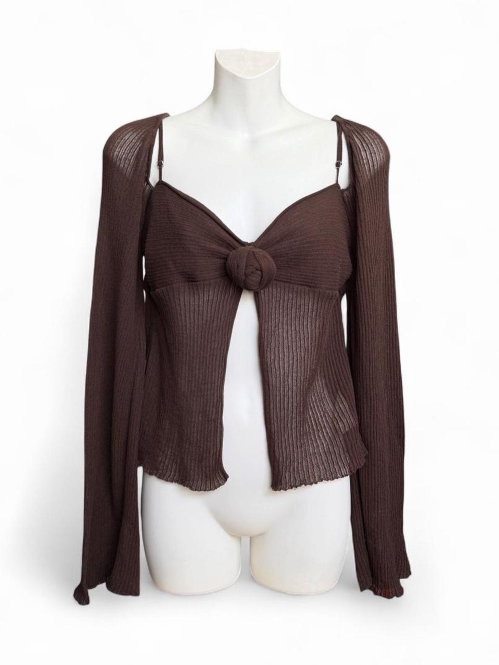 SIEDRES Brown Ribbed Knot-Front Sheer Bandeau Top